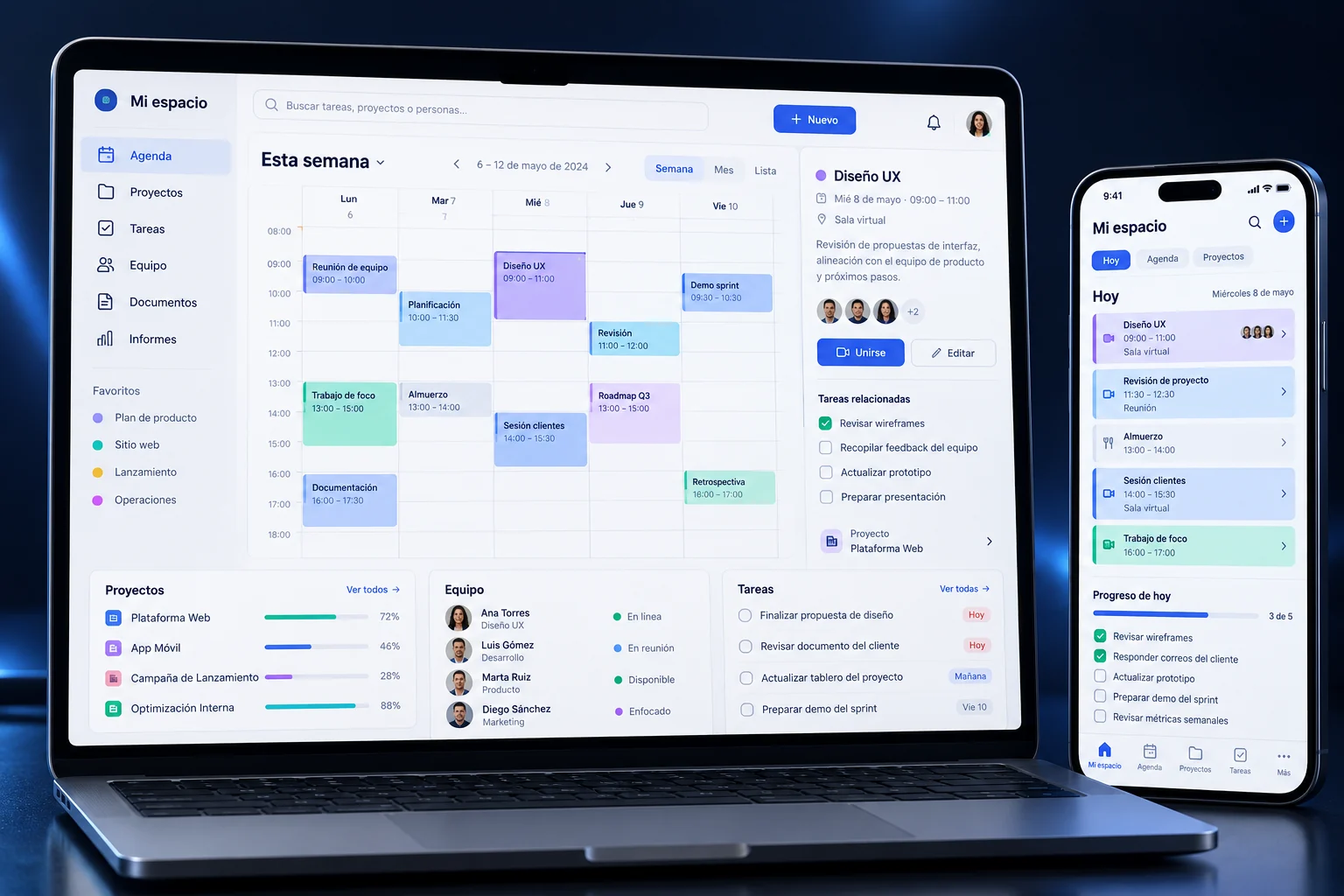 Aplicación de agenda y proyectos con calendario semanal en una computadora y actividades del día en un celular.