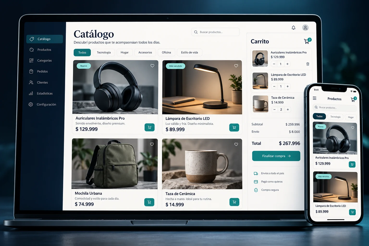 Ejemplo de catálogo con auriculares, lámpara, mochila y taza, categorías y resumen de carrito en computadora y celular.