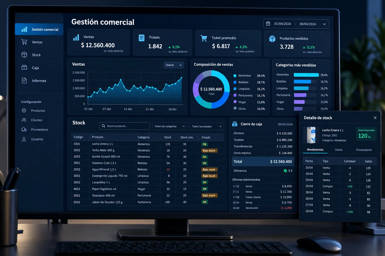 Pantalla de gestión comercial con ventas, stock, caja, tabla de productos y gráficos de actividad.