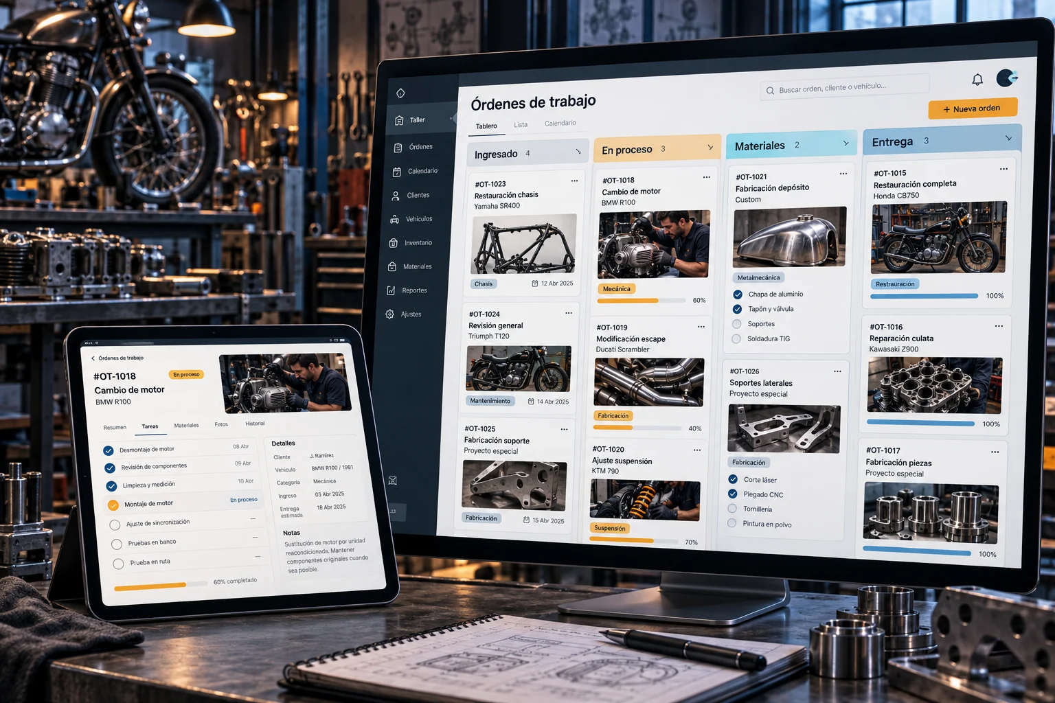 Software de órdenes de trabajo y seguimiento en computadora y tablet, junto a un taller mecánico.