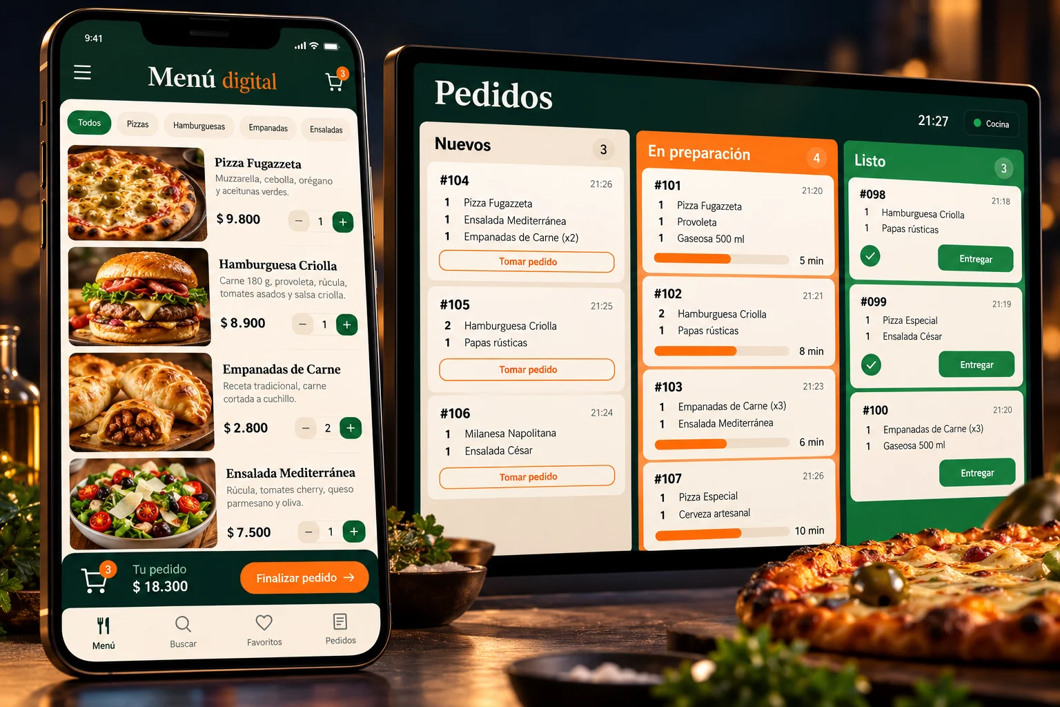 Menú gastronómico en un celular con fotografías de comidas y un panel de pedidos para cocina.