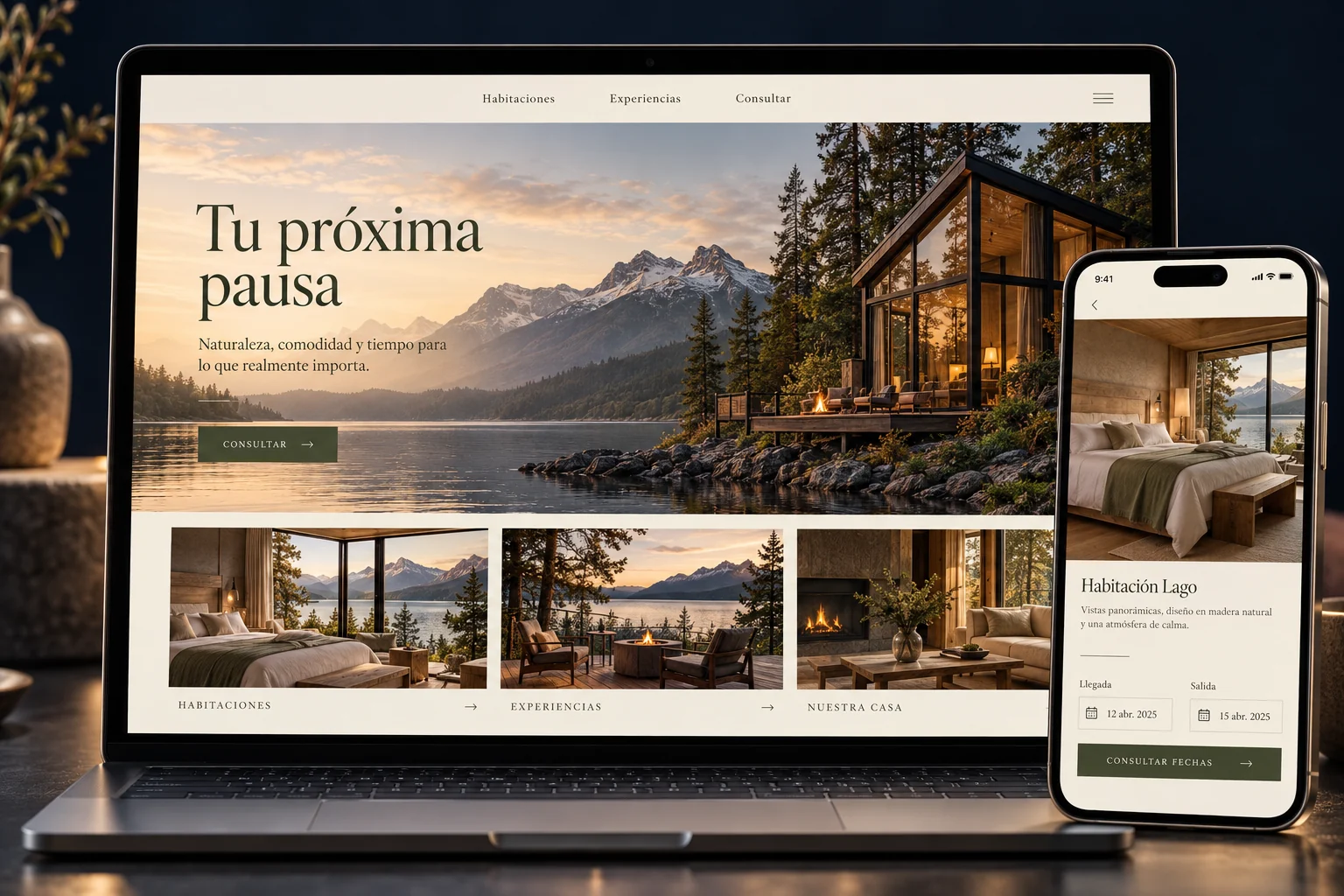 Sitio de un alojamiento con fotografías ilustrativas de una cabaña junto a un lago, habitaciones y consulta de fechas en celular.